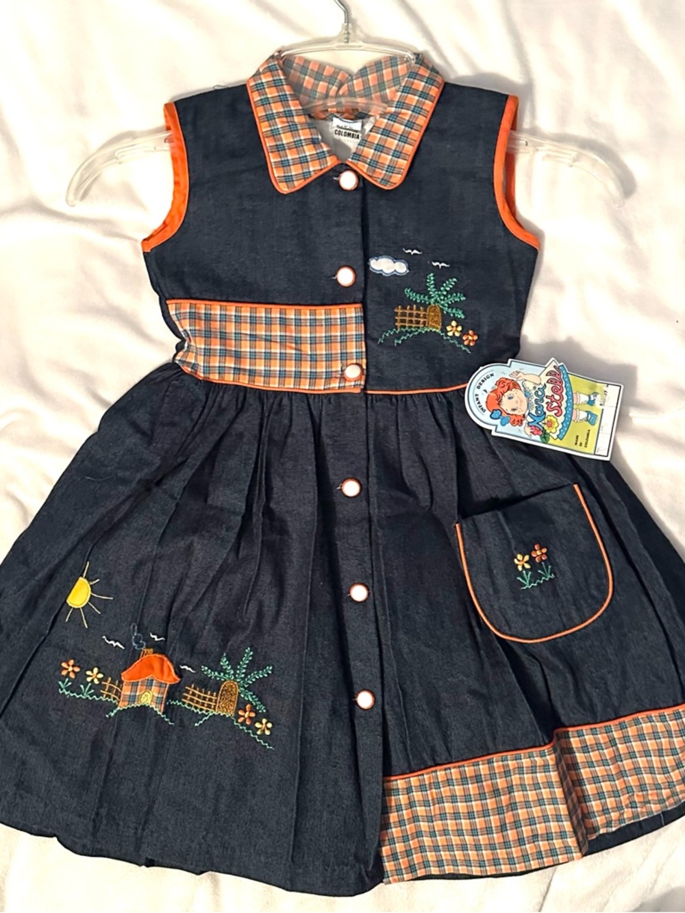 Vintage Narci Stell Sleeveless Patchwork Plaid Denim Dress Girls 4 orange blue